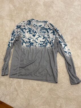 Huk Gray and Blue Performance Long Sleeve Shirt
